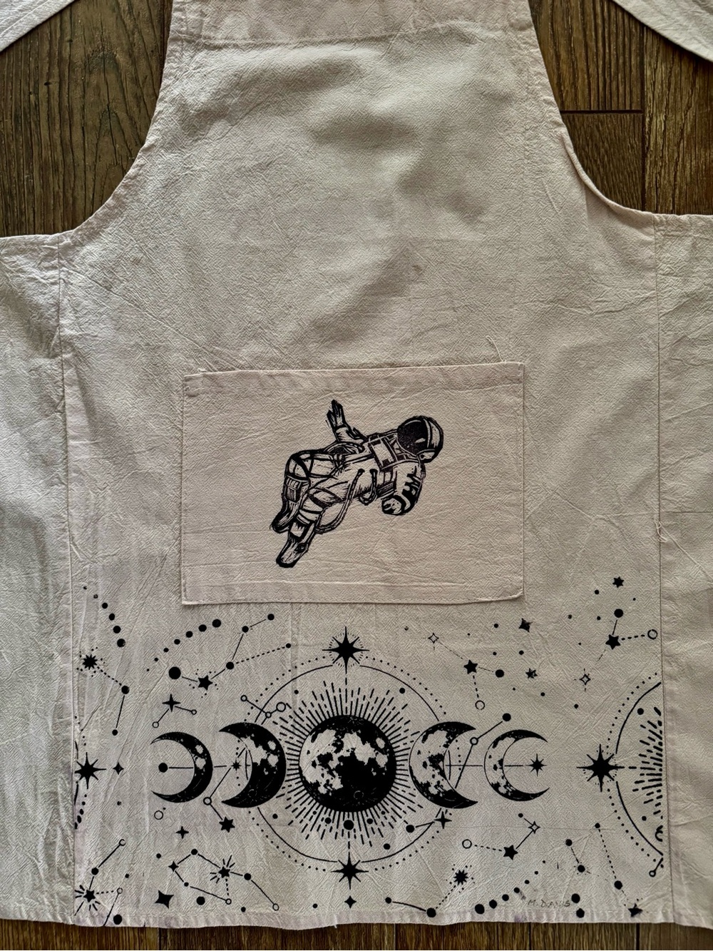 Hand printed Canvas moon phase and astronaut apron, cross back pinafore, no ties